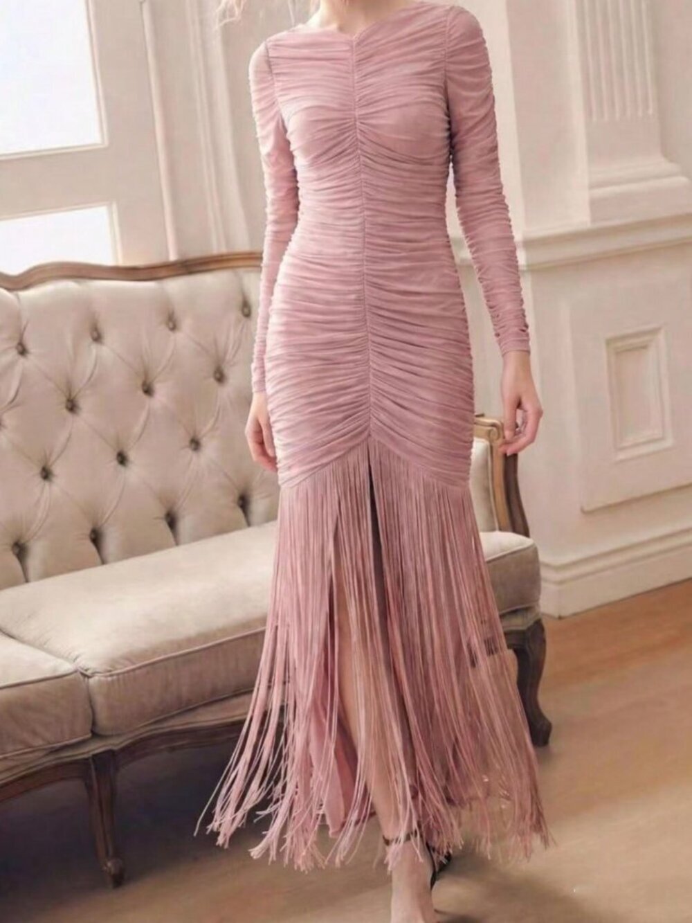 Pink Elegant Women's Chiffon Dress with Ruched Fringe and Mesh Panels